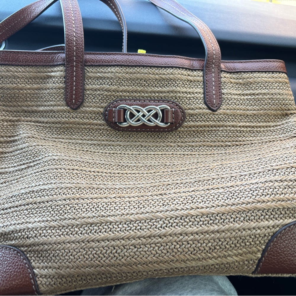 Brighton Interlok Tara Straw & Bourbon Leather Tote Bag Woven Raffia
